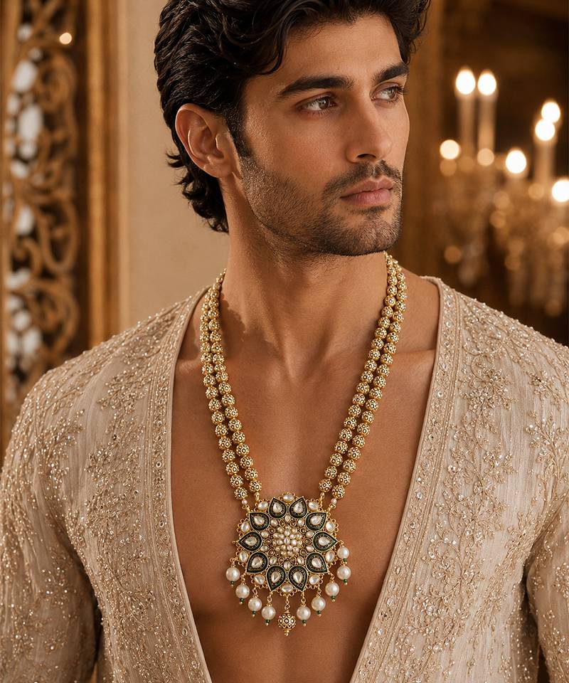 Gold plated kundan floral pendant necklace