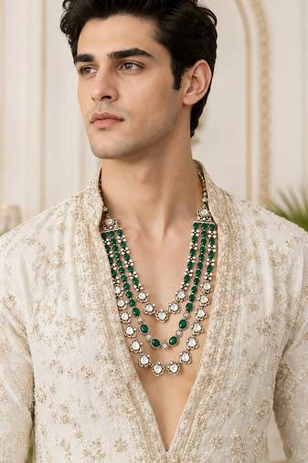 Gold plated layered green beaded kundan mala necklace