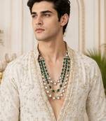 Gold plated layered green beaded kundan mala necklace