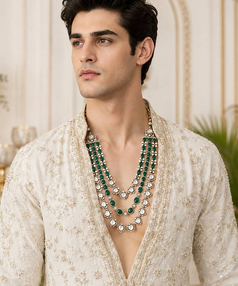 Gold plated layered green beaded kundan mala necklace