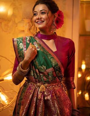 Green green & pink ethnic motifs woven design zari banarasi saree 3