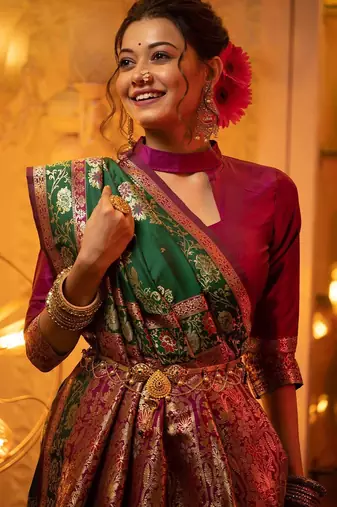 Green green & pink ethnic motifs woven design zari banarasi saree
