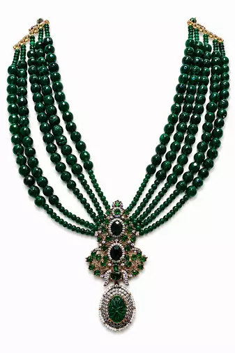 Gold plated multi layered green beaded pendant necklace