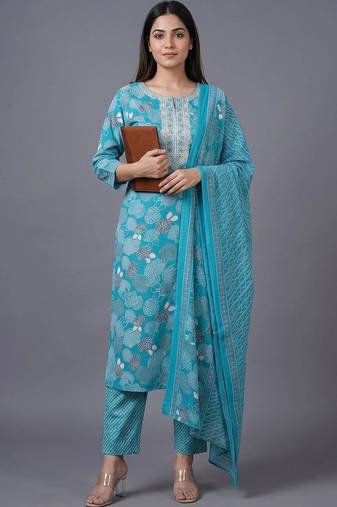 women ethnic motifs printed regular thread work cotton kurta with trousers & with dupatta