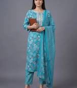 women ethnic motifs printed regular thread work cotton kurta with trousers & with dupatta