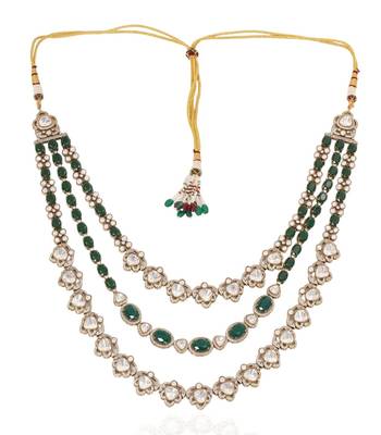 Gold plated layered green beaded kundan mala necklace 2