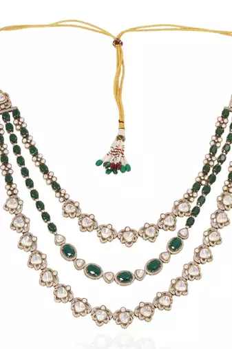 Gold plated layered green beaded kundan mala necklace