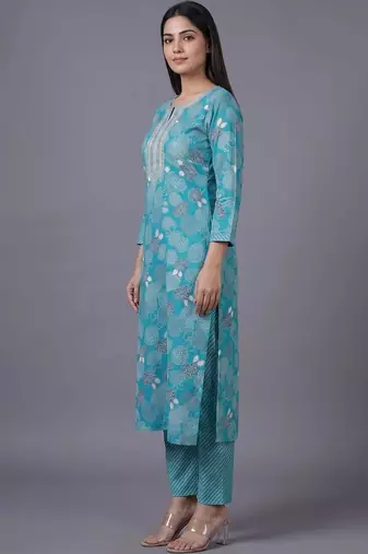 women ethnic motifs printed regular thread work cotton kurta with trousers & with dupatta