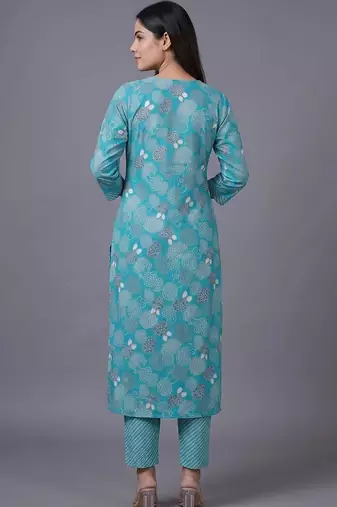women ethnic motifs printed regular thread work cotton kurta with trousers & with dupatta