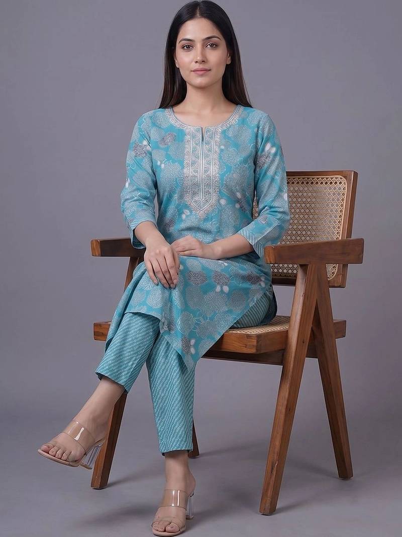 women ethnic motifs printed regular thread work cotton kurta with trousers & with dupatta