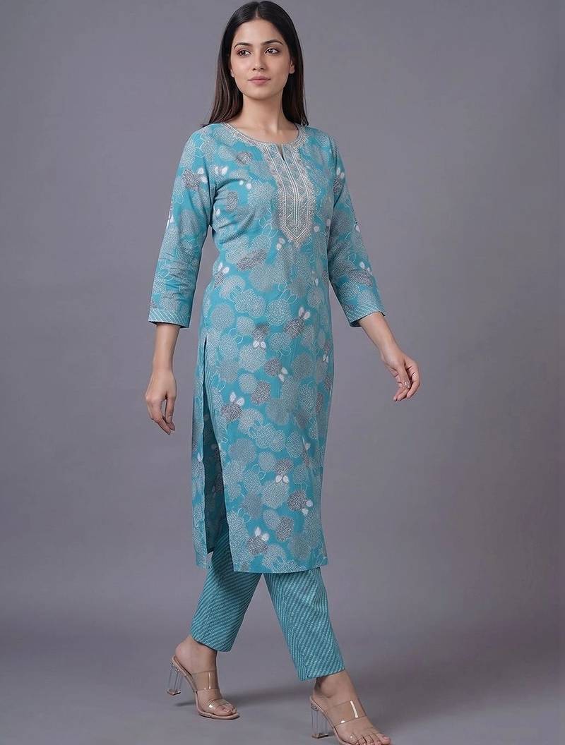 women ethnic motifs printed regular thread work cotton kurta with trousers & with dupatta