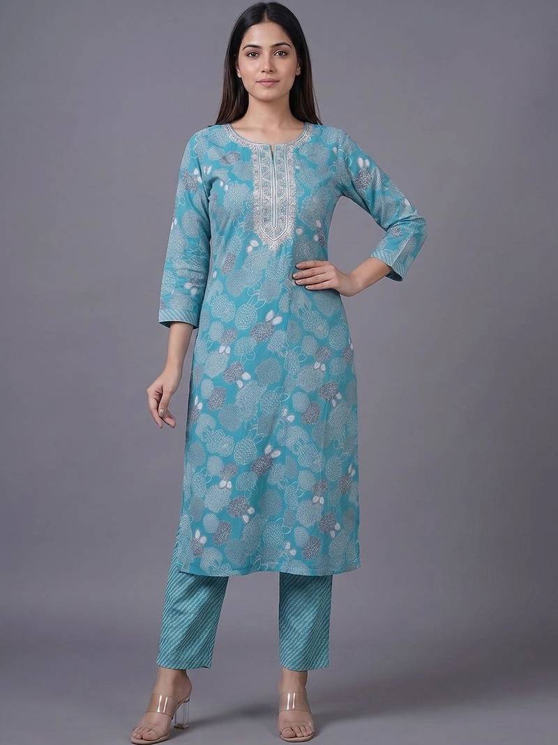 women ethnic motifs printed regular thread work cotton kurta with trousers & with dupatta
