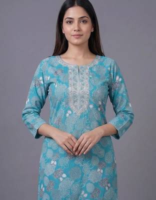 women ethnic motifs printed regular thread work cotton kurta with trousers & with dupatta 7