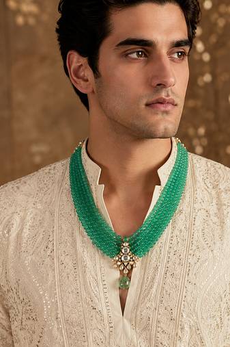 Jade green beaded kundan pendant mala necklace