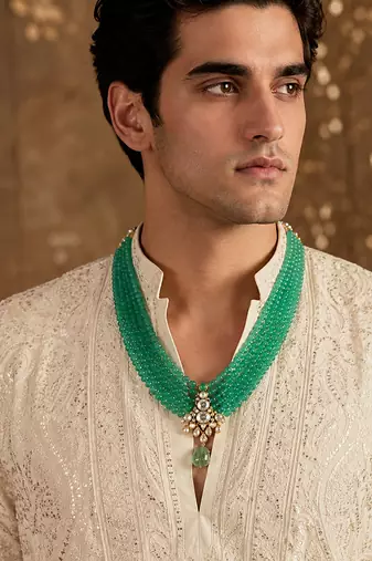 Jade green beaded kundan pendant mala necklace