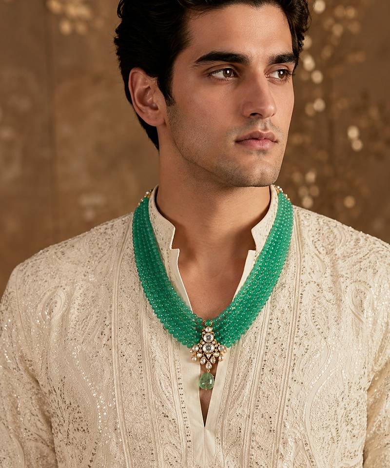 Jade green beaded kundan pendant mala necklace