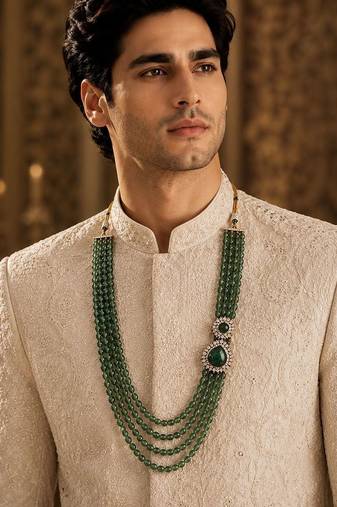 Gold plated layered green beaded statement mala necklace