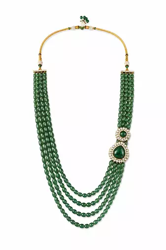 Gold plated layered green beaded statement mala necklace