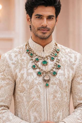 Double layered green stone kundan statement necklace