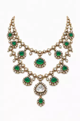 Double layered green stone kundan statement necklace