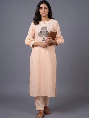 women striped regular thread work kurta with trousers 1