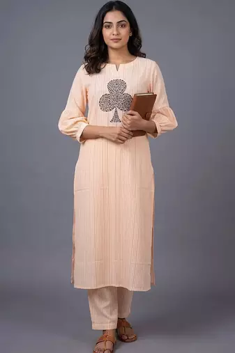 women striped regular thread work kurta with trousers