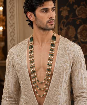 Gold plated green beaded kundan groom mala necklace 1