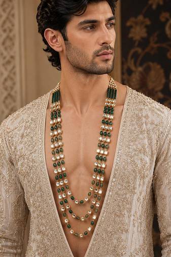 Gold plated green beaded kundan groom mala necklace