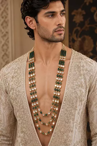 Gold plated green beaded kundan groom mala necklace