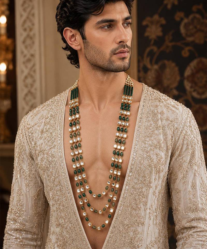 Gold plated green beaded kundan groom mala necklace