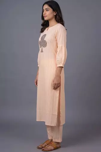 women striped regular thread work kurta with trousers