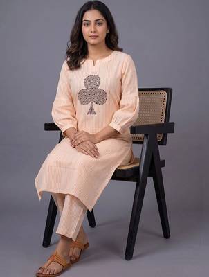 women striped regular thread work kurta with trousers 4