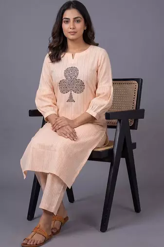 women striped regular thread work kurta with trousers