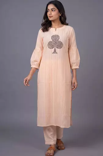 women striped regular thread work kurta with trousers