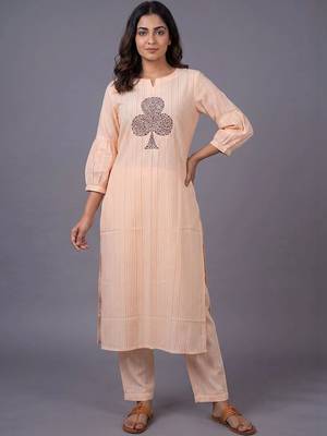 women striped regular thread work kurta with trousers 6