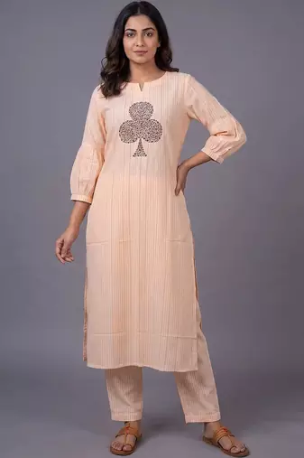 women striped regular thread work kurta with trousers