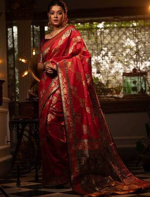 red ethnic motifs woven design zari silk blend banarasi saree 1