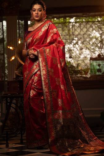 red ethnic motifs woven design zari silk blend banarasi saree