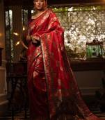red ethnic motifs woven design zari silk blend banarasi saree