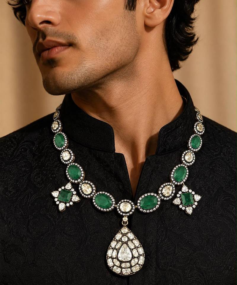 Green stone polki pendant necklace