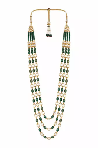 Gold plated green beaded kundan groom mala necklace