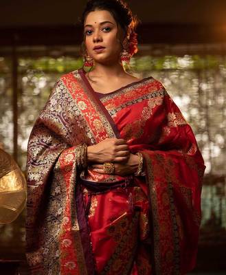 red ethnic motifs woven design zari silk blend banarasi saree 2