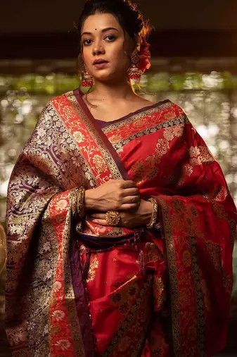 red ethnic motifs woven design zari silk blend banarasi saree