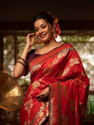 red ethnic motifs woven design zari silk blend banarasi saree 3