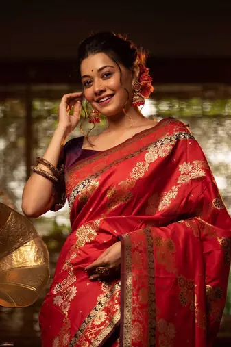 red ethnic motifs woven design zari silk blend banarasi saree