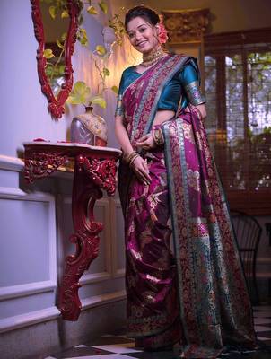 purple purple & blue ethnic motifs woven design zari banarasi saree 1