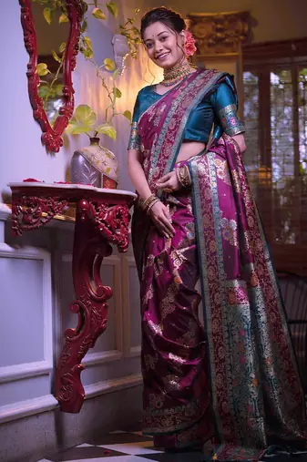 purple purple & blue ethnic motifs woven design zari banarasi saree