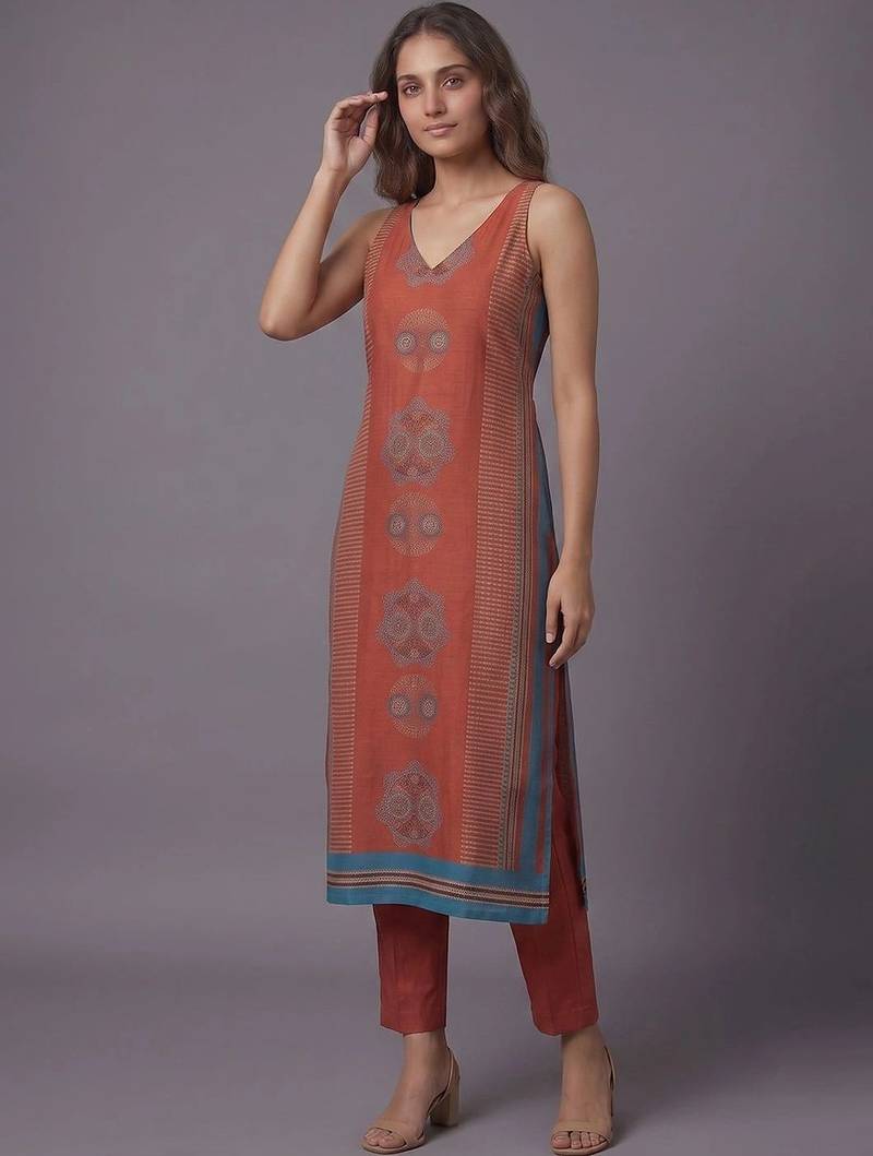 women ethnic motifs printed regular kurta with trousers