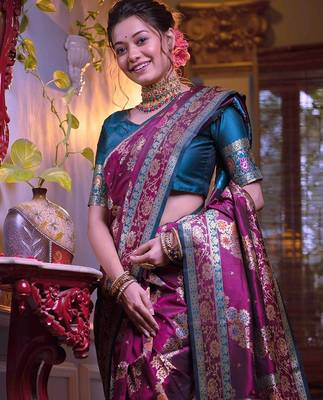 purple purple & blue ethnic motifs woven design zari banarasi saree 2
