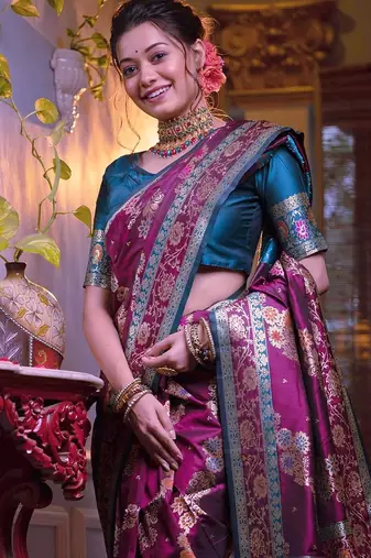 purple purple & blue ethnic motifs woven design zari banarasi saree